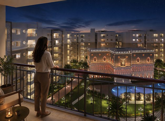 Penthouse terrace overlooking Venezian Palm Riviera at dusk